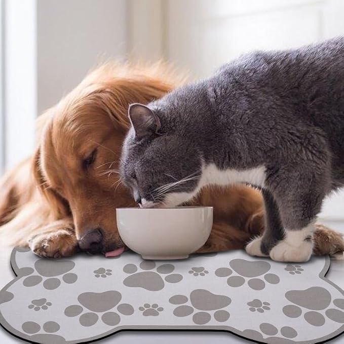 Dog Food Mats for Floors Waterproof, Pet Feeding Absorbent Water Bowl Mat Cat Placemats Gray Bone Shape 25.5 * 17 inch