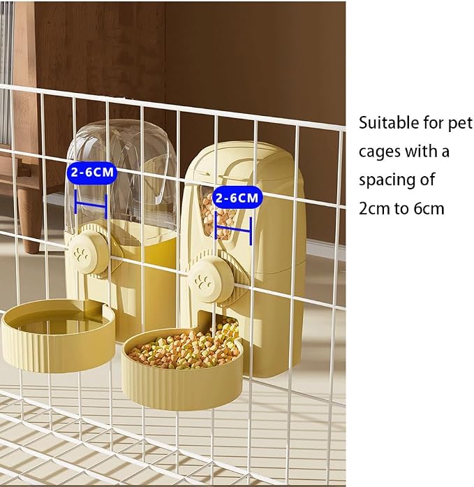 Hanging Pet Feeder Water Dispenser Set - 2-in-1 Gravity Food Water Bowl for Cats Small Dogs Rabbits, Cage Mounted No-Spill Pet Feeding Station (Yellow)