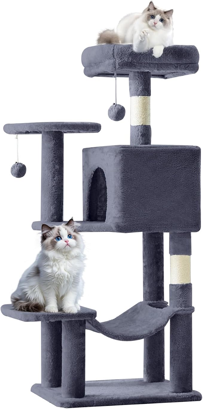 Cat Tree Tower 44 Inch, Small Cat Tower with Condo, Hammock, Sisal Scratching Posts, Extended Perch, Pet Play House for Indoor Kittens and Cats, Grey