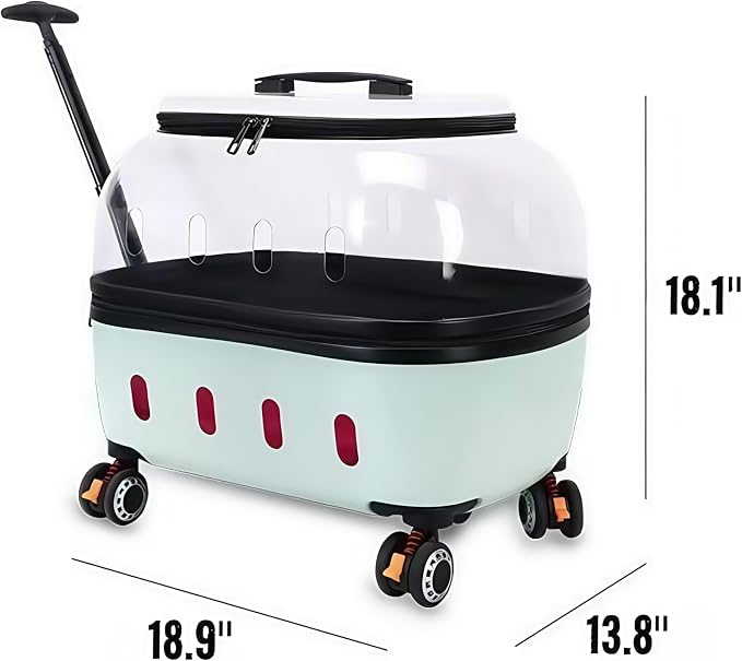Compact Pets Carrier with Wheels 360° Castors Pet Suitcase Fits up to 48 lbs Cats or Small Dogs, External Single Pole Handle, Portable and Breathable for Trips (Mint)