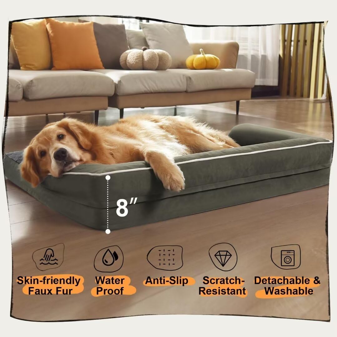 Large Dog Bed Orthopedic Washable: Orthopedic Dark Green Dog beds for XXXLarge Size Dogs, Waterproof Washable Cover with Egg Foam Removable Bolster, pet beds for Large Dogs
