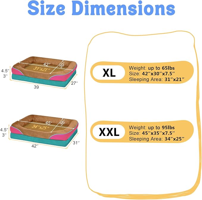 Chez Paw XXL Orthopedic Dog Bed for Extra Large Dogs, Extra Thick Egg-Crate Foam Waterproof Pet Couch with Removable Washable Cover, 4-Sided Bolster & Non-Slip Bottom, Brown Mint 45"x35"x7.5"