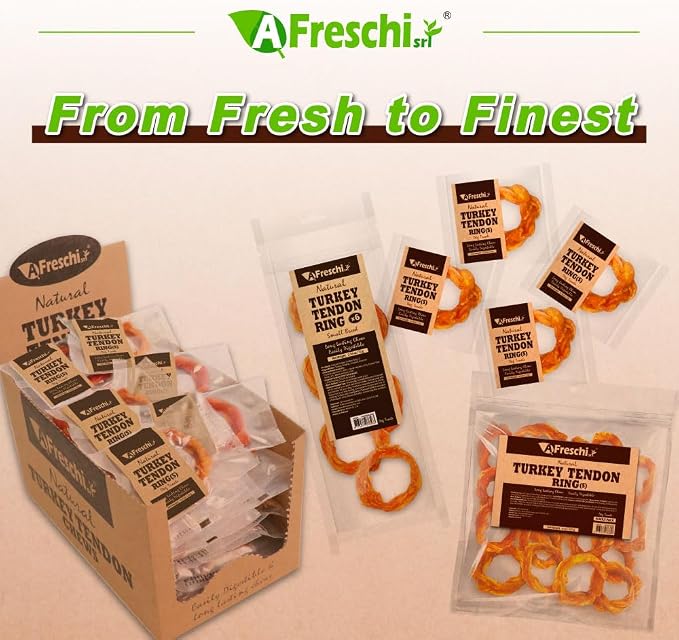 A Freschi srl Turkey Tendons for Dogs, USA-Sourced Human Grade, Rawhide-Free Long-Lasting Puppy Chews, All Natural Hypoallergenic Dog Treats for Small Breeds, Ring (S), 8 oz Pack
