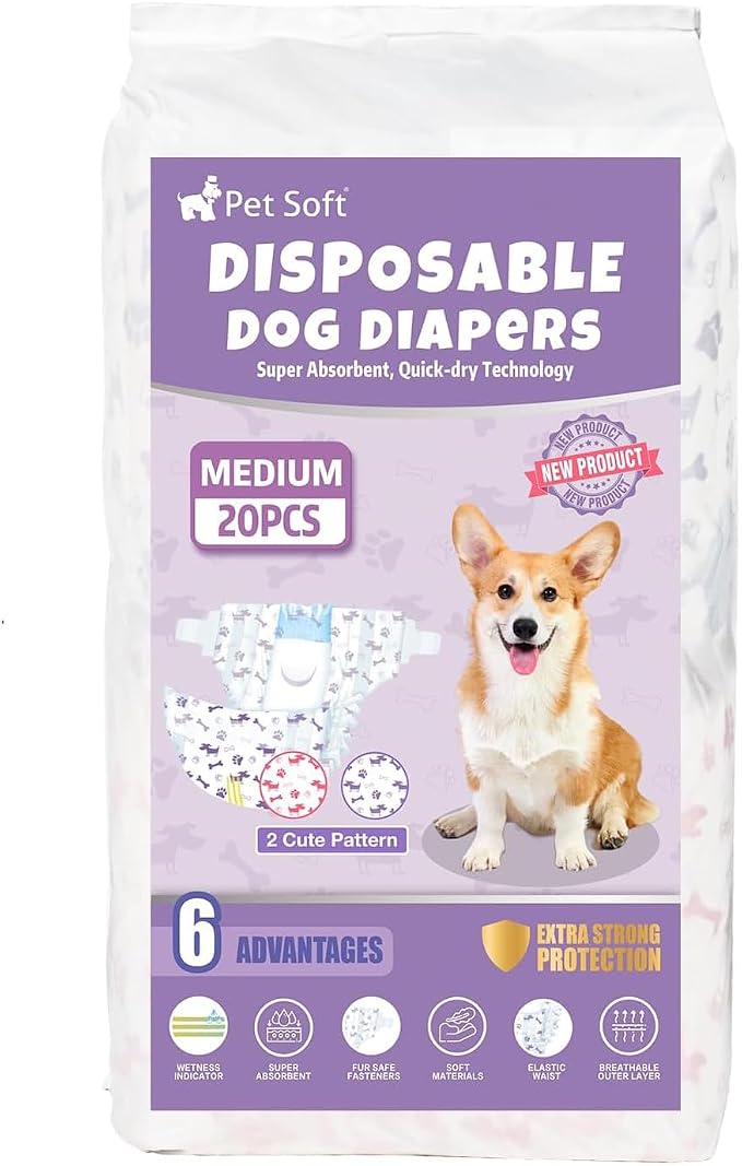 Pet Soft Female Dog Diapers - Disposable Doggie Diapers with Wetness Indicator, Puppy & Cat Diaper Super Absorbent, Fit for Female Dog in Heat or Incontinence, 20pcs (M, Mixed)