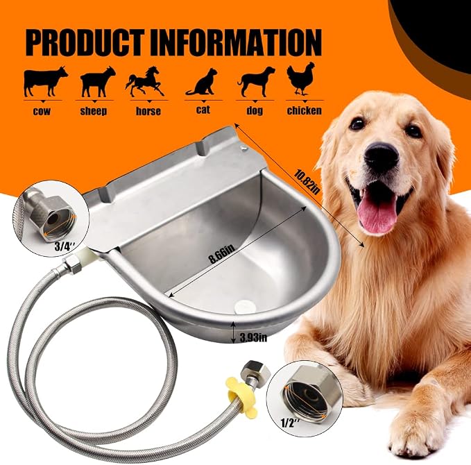Automatic Livestock Water Bowl Float Valve Self-Filling Dog Goat Chicken | 304 Stainless Steel Animal Waterer Auto Refill, Horse Pig Cow Sheep Cat, Drainage, 3/4" GHT Hose & Mounting Bolts, Farm Ranch