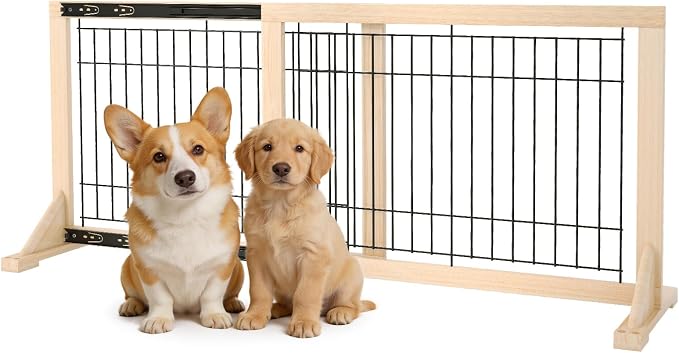 Extra Wide Freestanding Dog Gate, Adjustable Width 31.5"–61", 19.7" Tall Indoor Pet Gate for Kitchen, Living Room & Stairs, Wooden Metal Frame No-Drill Pet Barrier