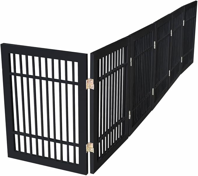 Urnporium Pet Dog Gate Freestanding, Strong Durable Folding Wooden Fence, Portable Acacia Hardwood Safety Barrier for Indoor & Outdoor Use (Black Pet Gate, 6 Panel 24" Tall)