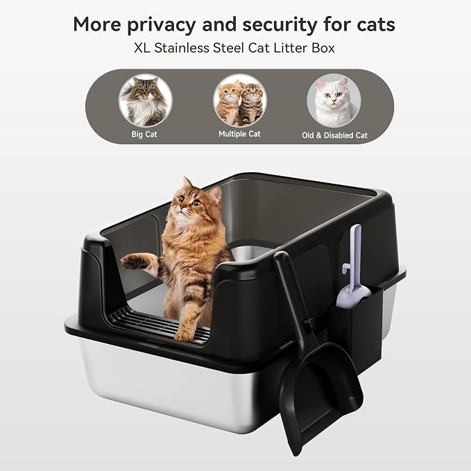 Stainless Steel XL Cat Litter Box for Cats, High-Sided Design Prevents Urine Leakage, Non-Stick, Easy to Clean, Includes Scoop, Black