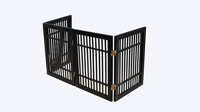 Urnporium Pet Dog Gate Freestanding, Strong Durable Folding Wooden Fence, Portable Acacia Hardwood Safety Barrier for Indoor & Outdoor Use (Black Pet Gate, 4 Panel 24" Tall)