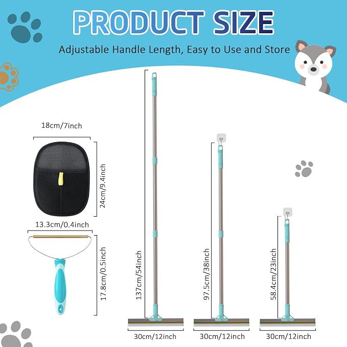 Pet Hair Remover for Carpet, Carpet Rake for Pet Hair Removal with 54" Adjustable Handle, Reusable Dog Hair Remover Broom with Copper Teeth & TPU Brush for Rugs, Couch, Mats and Pet Beds