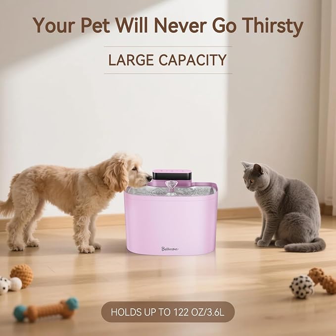 Cat Water Fountain, Battery Operated Wireless Cat Fountain, 122oz/3.6L Pumpless Water Fountains for Cats Indoor with Stainless Steel Tray, Dog and Pet Water Fountain (Pink, Fountain+2 Fliters)