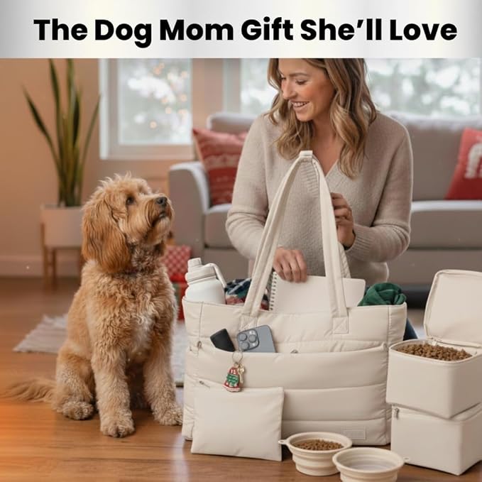 Rubyloo Dog Mom Essentials Bundle - Puffer Tote with Storage Containers (Black) and 32 oz Water Bottle with Detachable Bowl (Dog Mom) - Travel Bag and Hydration Set