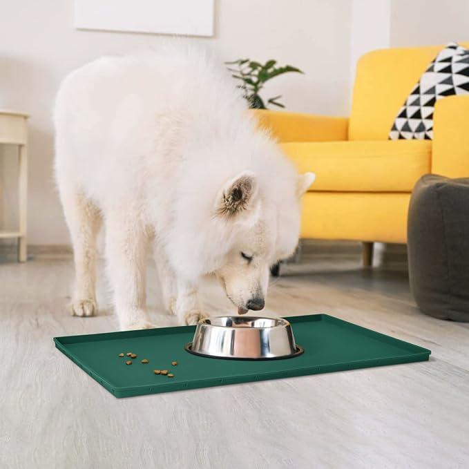 Dog Food Mat,Silicone Waterproof Food Tray,Non Slip Pet Bowl Mats Placemat,0.8" Raised Edge,Suitable for Most Small and Medium Sized Pets,28" x 18"