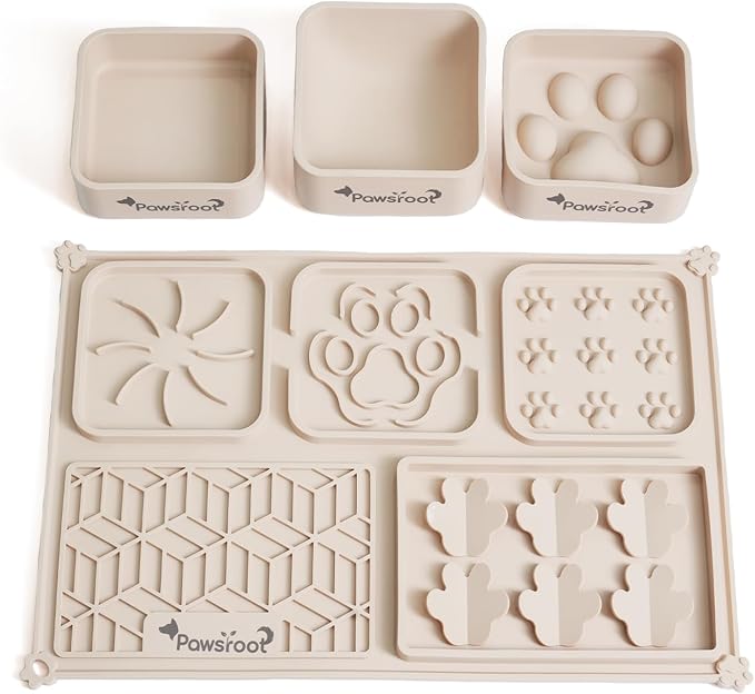 Extra Large Dog Lick Mat & Slow Feeder Bowl Set - XXL Silicone Enrichment Tray for Large Breeds - 2-in-1 Calming Puzzle Toy with 3 Removable Bowls (Warm Cream)