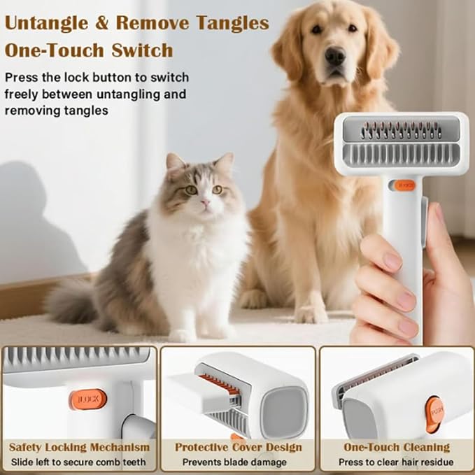 2-in-1 Pet Self-Detangling & Grooming Comb for Dogs & Cats, Dematting Brush & Undercoat Rake, One-Touch Self-Cleaning Deshedding Tool for Removing Mats, Tangles & Loose Fur (1pc)