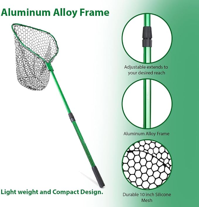 UMT Telescopic Fishing Landing Net (3.6–5 ft) — 17" x 19" Large Hoop, 21" Deep Silicone Rubber Mesh, for Freshwater & Saltwater, Green