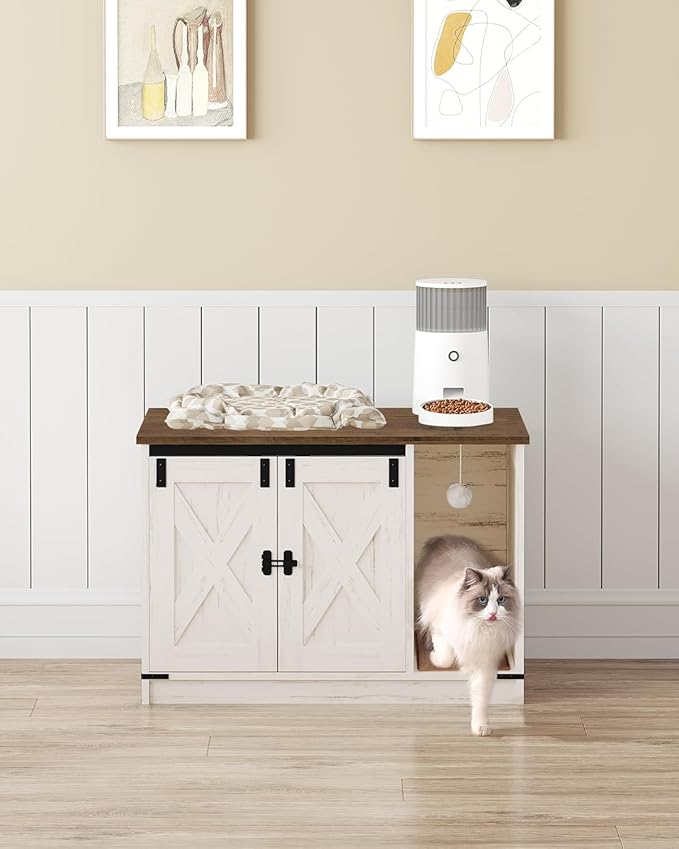 Hzuaneri Cat Litter Box Enclosure, Hidden Litter Box Cabinet Furniture with Bell, Indoor Cats House, Farmhouse Style, 31.5 x 19.7 x 20.9Inches, for Hallway, Bedroom, Rustic Brown and White CB82414X