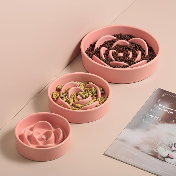 Pink Ceramic Dog Bowl Slow Feeder for Medium and Large Breed,1.5 Cup 8.26 in Slow Feeding Bowl,Puzzle Dog Food Bowl for Fast Eater,Maze Dish for Fast Eater