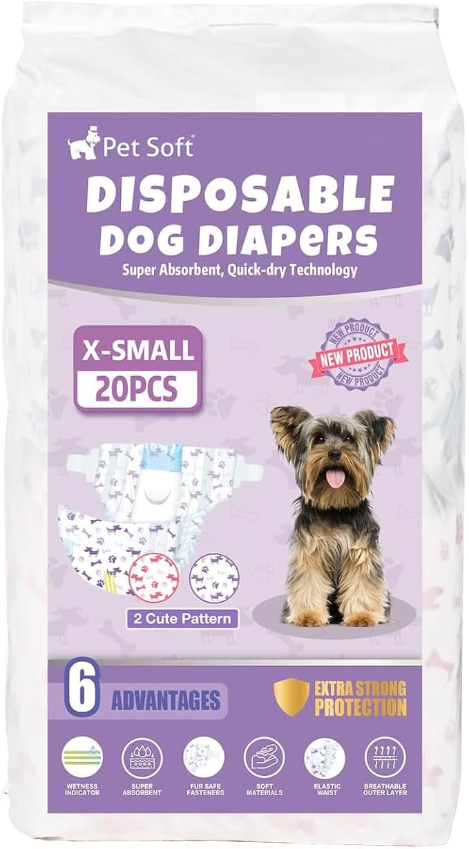 Pet Soft Female Dog Diapers - Disposable Doggie Diapers with Wetness Indicator, Puppy & Cat Diaper Super Absorbent, Fit for Female Dog in Heat or Incontinence, 20pcs (XS, Mixed)