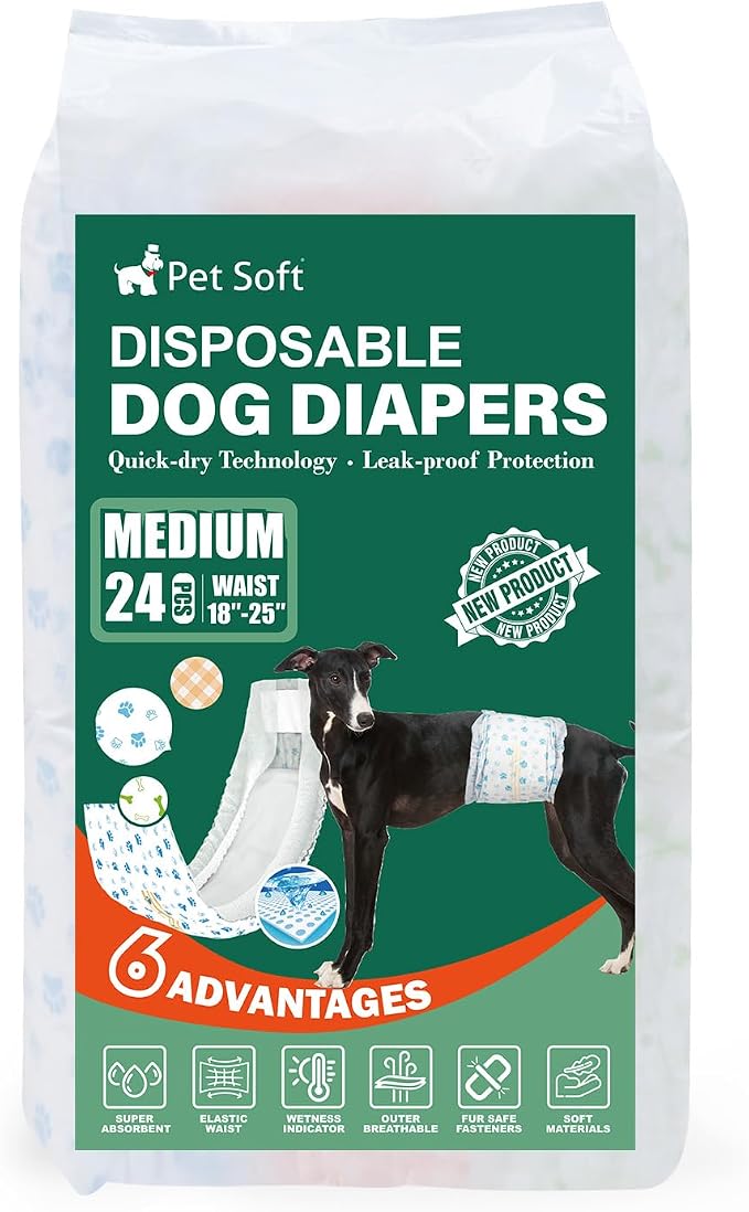 Pet Soft Disposable Dog Dipaers - Male Dog Wraps Wetness Indicator, Ultra Absorbent Puppy Diapers Male for Excitable Urination or Incontinence, 24pcs Medium