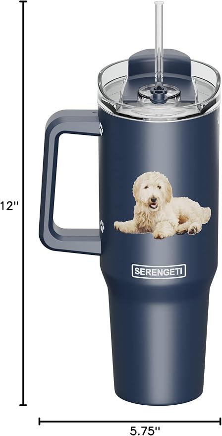 SERENGETI 40 Oz Ultimate Tumbler with Handle and Straw - Vacuum Insulated Tumbler with Straw and Lid - Stainless Steel Travel Mug for Pet Lovers - 3D Designs of your favorite Dog (Goldendoodle)