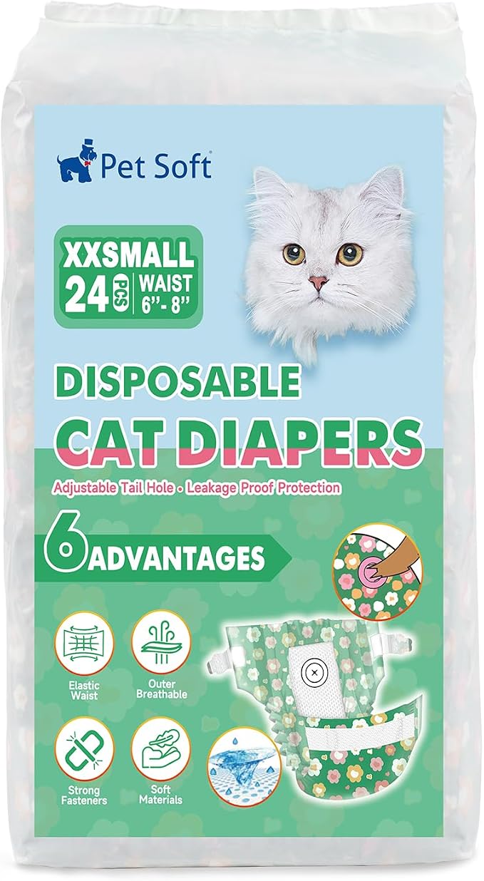 Pet Soft Disposable Cat Diapers - Diaper for Female & Male Cats, Puppy Doggie Diapers for Female Dogs with Adjustable Foam Tail Hole, XX-Small (24Pcs, Green)