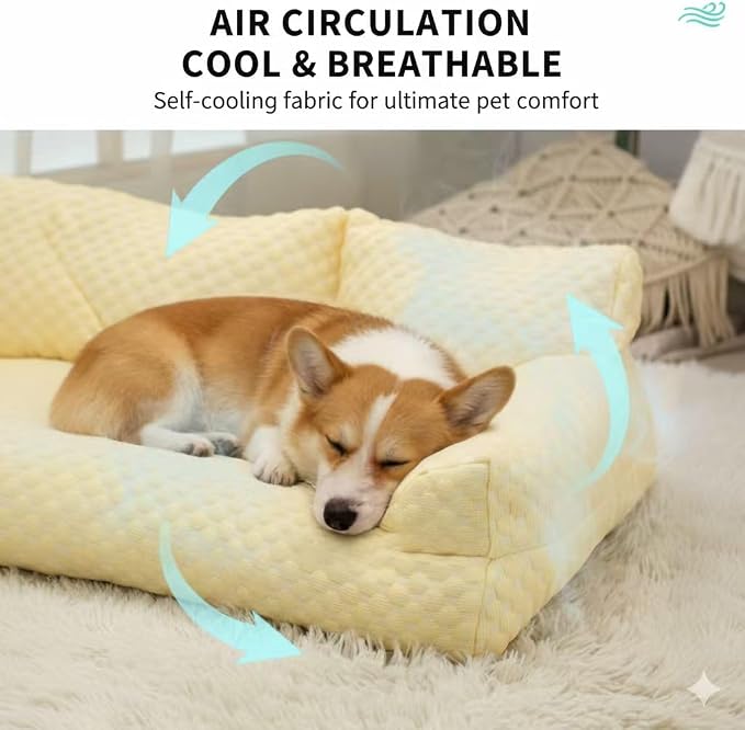 Cooling Dog Bed Cat Bed for Small Medium Large Dogs & Cats, Washable Pet Sofa Bed with 5D Breathable Fabric, Orthopedic Calming Bolster Bed, High-Resilience PP Cotton Blue 35.4"x21.7"x9.8"