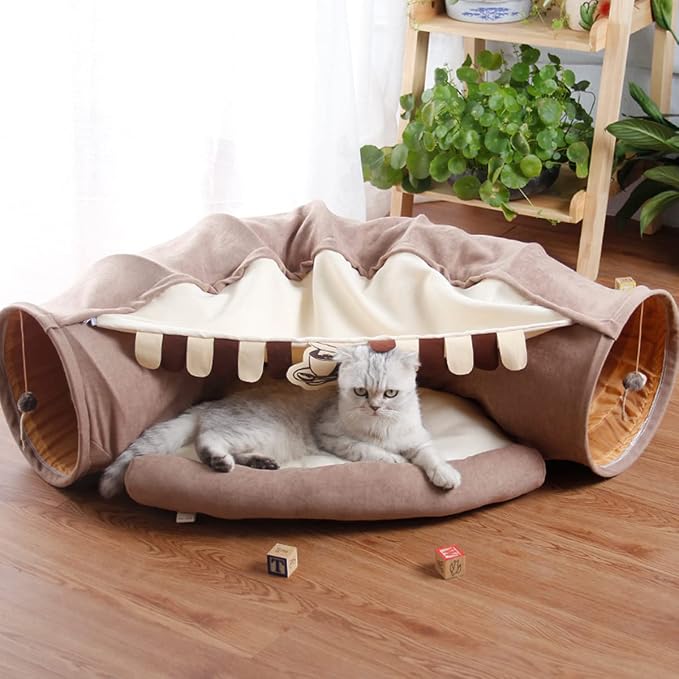 LEFTSTARER 2-in-1 Collapsible Cat Tunnel for Indoor Bed and Hideout - Pet Dog Rabbit Bunny Ferret Tunnel Tubes Toys with Removable Washable Mat, Tower Wheel Stuff