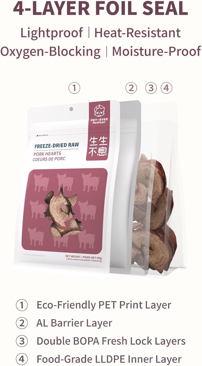 Freeze-Dried Pork Heart Treat for Small Dog & Cat, Natural Single Ingredient Cats Dogs Dry Food, Dehydrated Whole Cut Pet Raw Treats for Heart & Coat Health(2.8 oz)