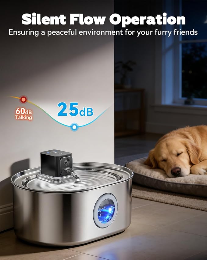 Wireless Dog Water Fountain, 8L/2.1Gal Battery Operated Dog Water Bowl Dispenser, Cordless Stainless Steel Pet Water Fountain with 3 Motion Sensor for Multi-Pets, Easy Setup