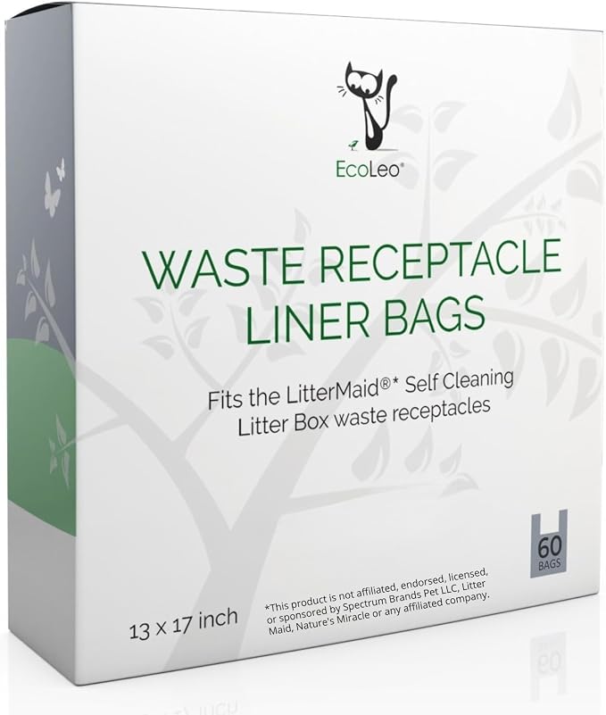 EcoLeo, Compatible with LitterMaid & Nature's Miracle Waste Receptacles, 60 Refill Bags with Handles, Cornstarch, Use in Self-Cleaning Litter Box Waste Trays