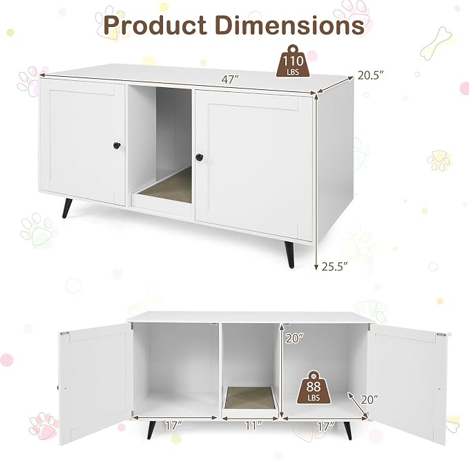 Tangkula Double Cat Litter Box Enclosure, Large Hidden Wooden Cat Cabinet for 2 Cats with Scratching Pad, Double Rooms, Versatile TV Stand Side Table for Indoor Living Room (White)
