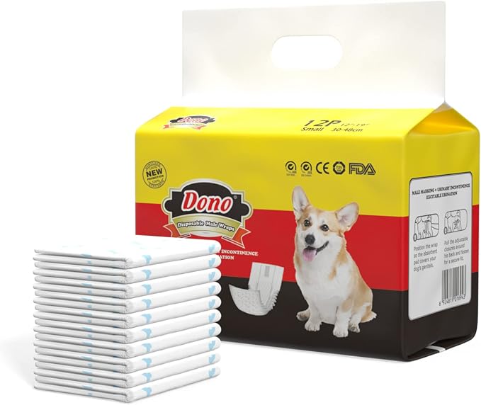Dono Disposable Male Diapers for Small Dog, S, 12 Count | Wetness Indicator, Super Absorbent, Leak Protection, For Excitable Urination, Incontinence, or Male Marking
