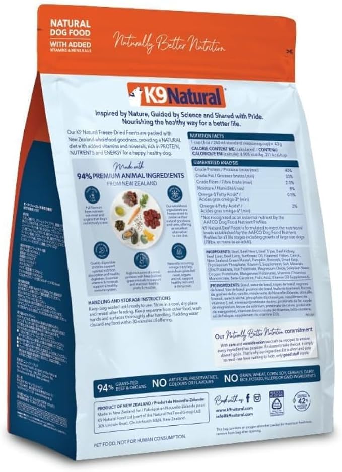 K9 Natural Beef Freeze Dried Dog Food, High-Meat Natural Complete Meal or Meal Toppers for Dogs, Grass-Fed Beef from New Zealand, Grain-Free, GMO-Free, Complete & Balanced Nutrition, 17.6oz