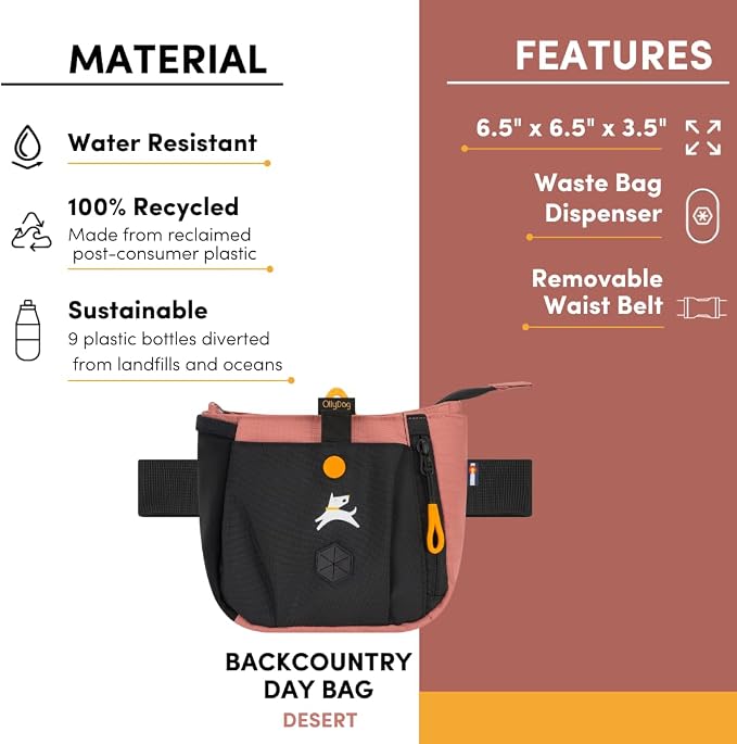 OllyDog Backcountry Day Bag | Dog Training Treat Pouch | Eco-Friendly Recycled Fabric Fanny Pack with Zipper Closure, Built-in Poop Bag Dispenser & Adjustable Waist Belt (Desert)