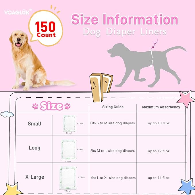 Dog Diaper Liners for Male and Female Dogs, 150ct, Super Absorbent Disposable Dog Diapers Booster Pads fit Most Pet Belly Bands and Wraps (Regular)