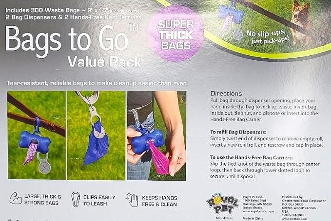 Dog Poop Bags. Value Pack 300 Extra Thick Bags. 9x15 inches. 2 Bag Dispensers & 2 Hands-free Bag Carriers.