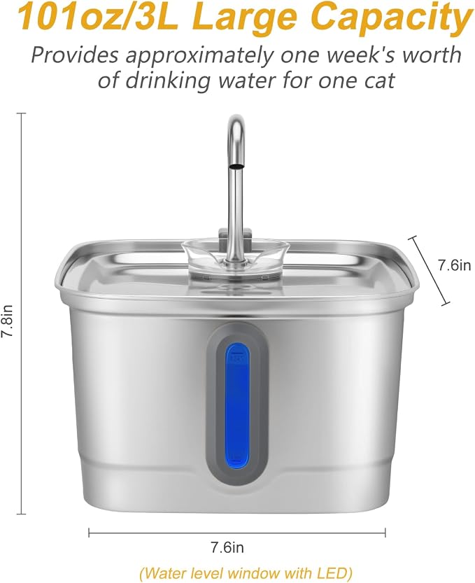 SEIRMEP Stainless Steel Cat Water Fountain, 101oz/3L Automatic Pet Water Fountain, Dog Water Fountain with Replacement Filters for Cats, Small Dogs (4 Filters and 4 Sponges)