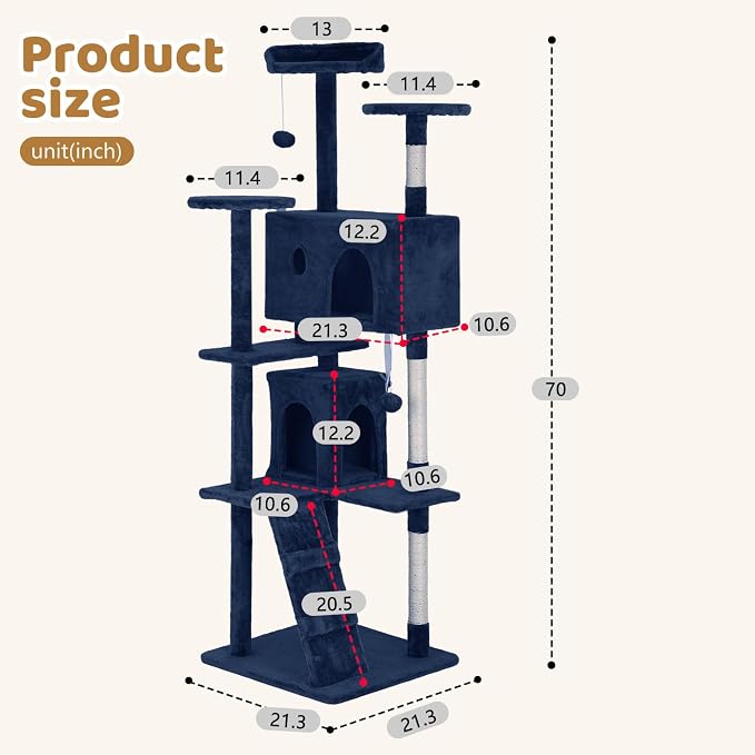 BestOffice 70 Inch Cat Tree, Multi-Level Cat Tower with Condo, Perches, Sisal Scratching Posts, Climbing Ladder,Indoor Activity Center Play House for Kittens & Adult Cats, Navy Blue