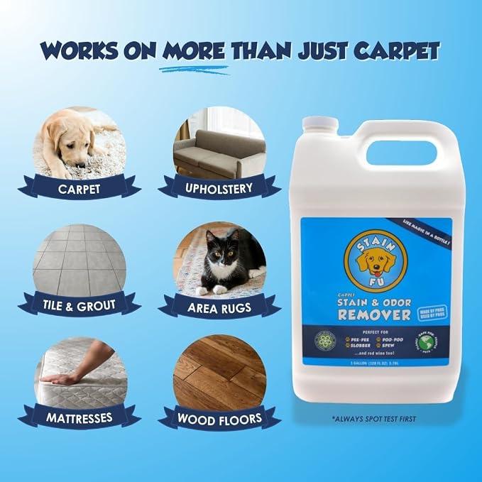 Pet Stain & Odor Remover – Professional Strength Carpet, Upholstery & Rug Cleaner for Dog & Cat Urine, Feces, Vomit, Coffee & Wine – Multi-Surface Odor Eliminator (1 Gallon)