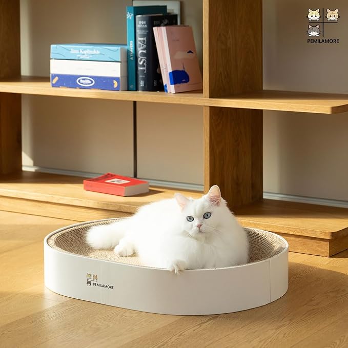 Extra Large Oval Cat Scratcher Lounge Bed - Heavy Duty Double-Sided Cardboard Scratching Pad, Modern White Cat Furniture & Sofa for Large Indoor Cats