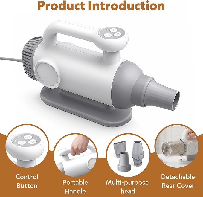 High Velocity Dog Hair Dryer – Portable Pet Grooming Blower with Brushless Motor, Adjustable Temperature, 3 Nozzles, Low Noise & Safety Protection (White)
