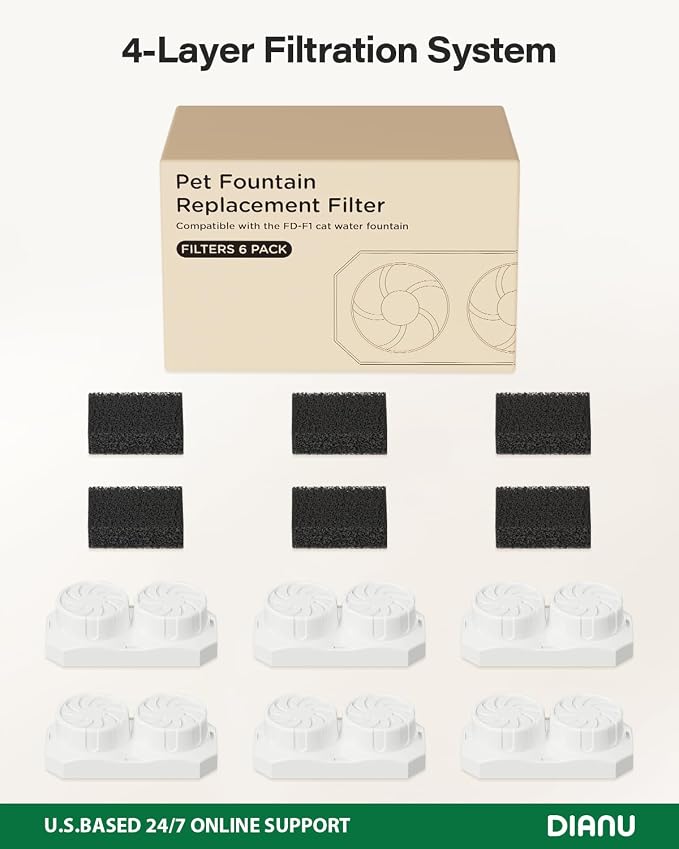 DIANU Official Cat Water Fountain Replacement Filters & Pre-Filter Sponges for 3.2L/108oz Stainless Steel Pet Fountain (Six Pack)