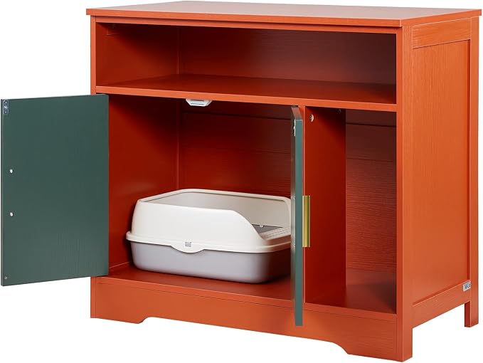 VEVOR Cat Litter Box Enclosure, 31 in Hidden Litter Box Cabinet with Shelf & Storage, Modern Style Indoor Cat Washroom, Wooden Kitty House Furniture End Table, Fit Most Litterboxes, Red & Green
