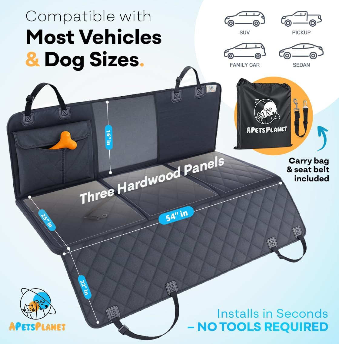 APetsPlanet Dog Car Seat Cover for Back Seat Hard Bottom - Waterproof Backseat Extender for Dogs - Pet Hammock for Car, Truck, SUV - Protector Bed with Mesh Window & Storage - Black, No Door Covers