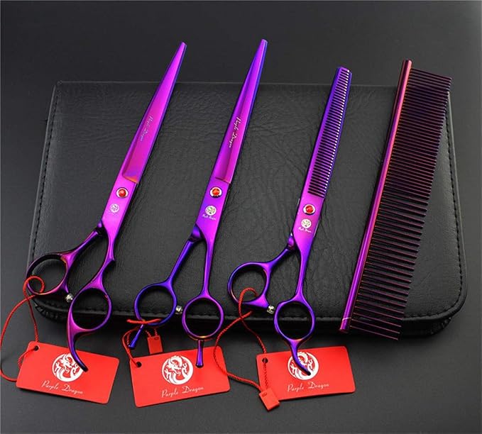 Purple Dragon 8.0" Titanium Multicolor Professional Pet Grooming Scissors Set,Straight & Thinning & Curved Scissors Shear with Bag for Dog Cat Grooming