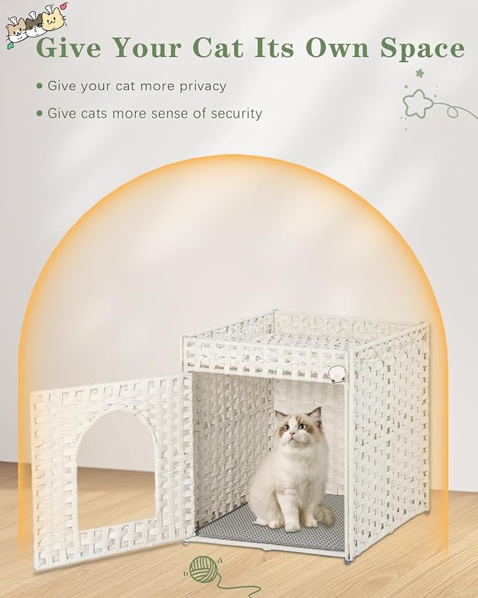 SETVSON Cat Litter Box Enclosure Furniture, Hidden Litter Box with Mat and Fence, Handwoven Rattan Cat House with Two S-Shaped Hooks for Living Room, Bedroom, 18.5 x 20.5 x 19.1 Inches (White
