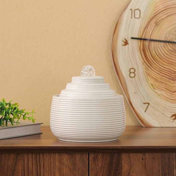 Indoor and Outdoor Fountain Water Feature Fall Ceramic Home Office Decoration mini Tabletop Desktop (White with Ball S090)