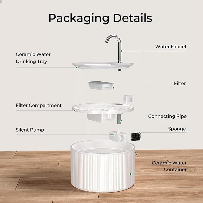 Voluas Ceramic Cat Water Fountain: 2.2L/74oz Cat Fountains for Drinking, Automatic Pet Water Dispenser with Ultra-Quiet Pump and Replacement Filter, Kitty Watering Supplies Indoor Easy Clean 1 Filter