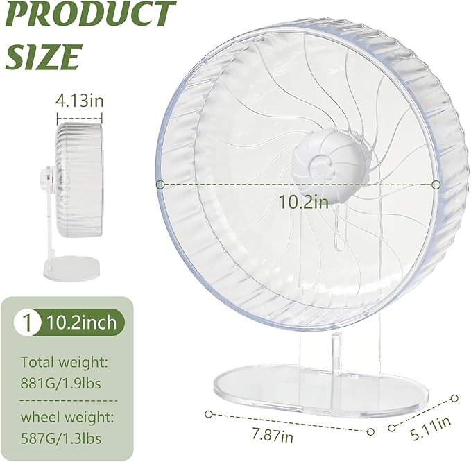 Silent Exercise Wheel with Adjustable Stand for Hamsters, Gerbils, Mice & Small Pets + Free Cleaning Cloth - 10.2" Diameter Running Wheel, Easy Clean, Anti-Slip Track (Transparent)